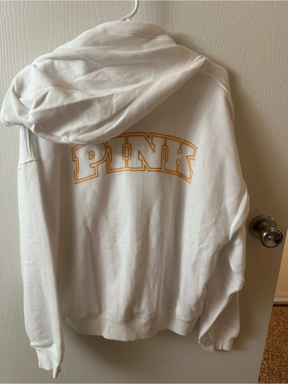 PINK Victoria's Secret White Zip-Up Hoodie with Gold Logo